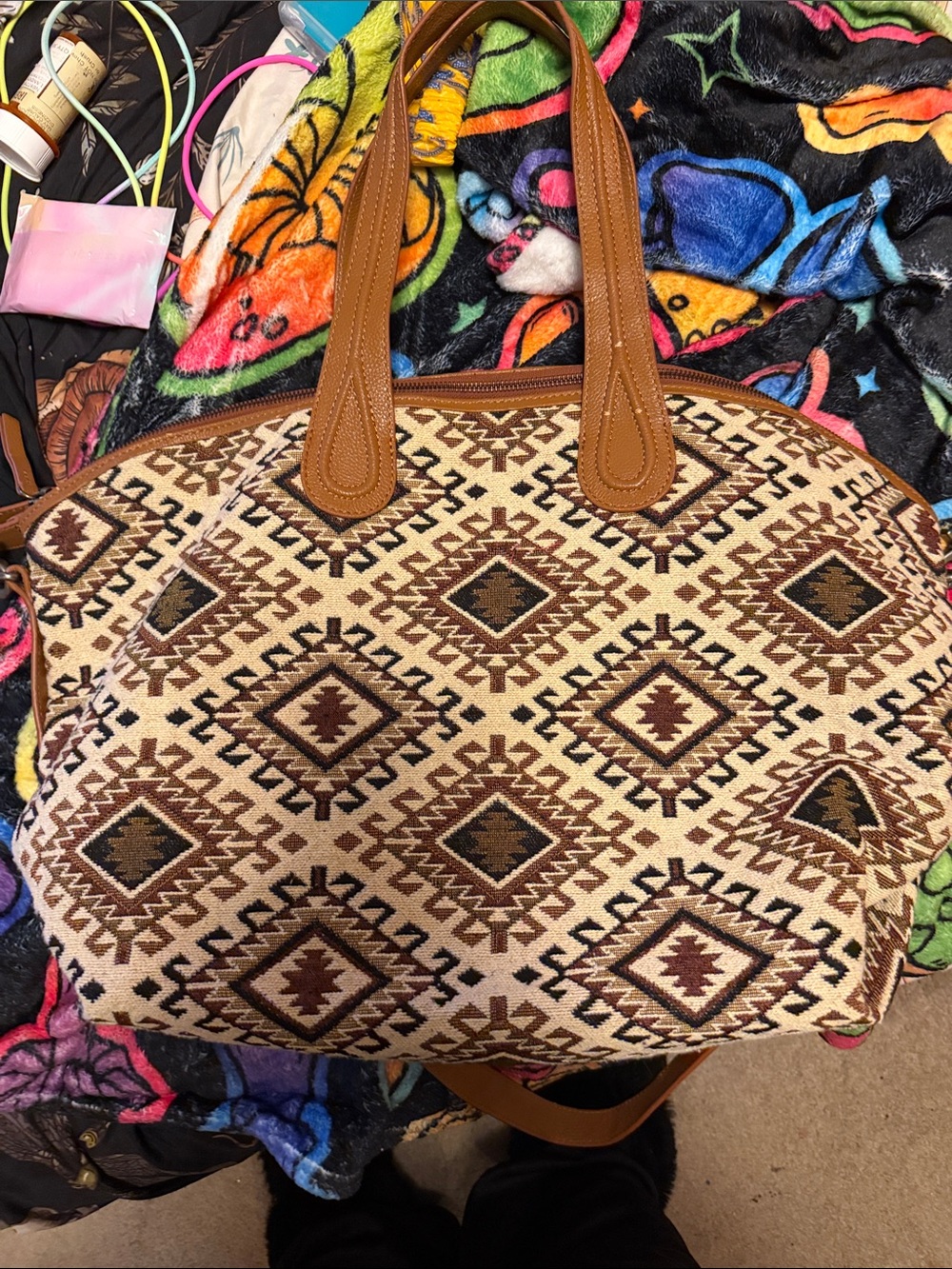 Myra Bag Brown and Cream Aztec Tote with Tan Handles